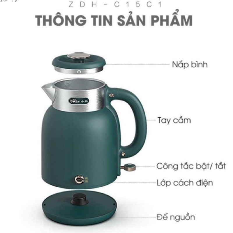 Ấm siêu tốc Bear ZDH-C15C1 sở hữu thiết kế sang trọng, thông minh công suất 1500W