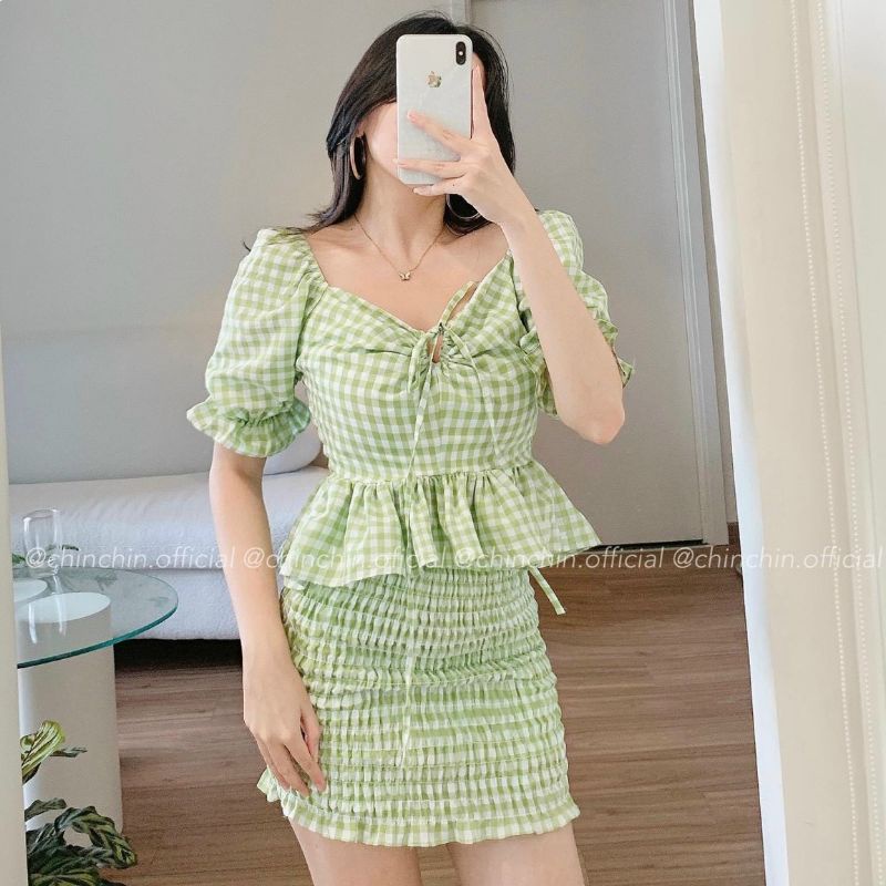 Set peplum caro xanh thắt nơ tay bo + chân váy nhún