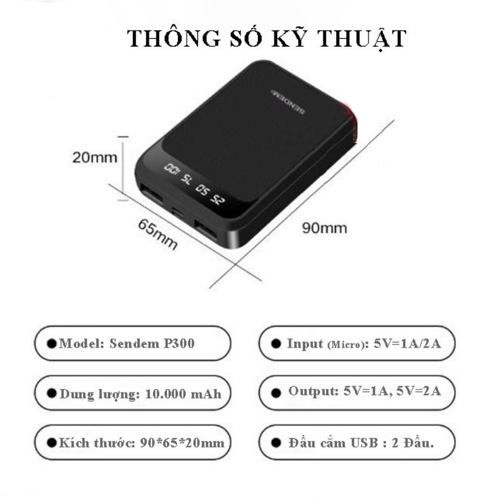 Sạc Dự Phòng mini 10000mah Chính Hãng SenDem, Đèn Led. Pin Sạc Dự Phòng Chính Hãng SenDem P3000