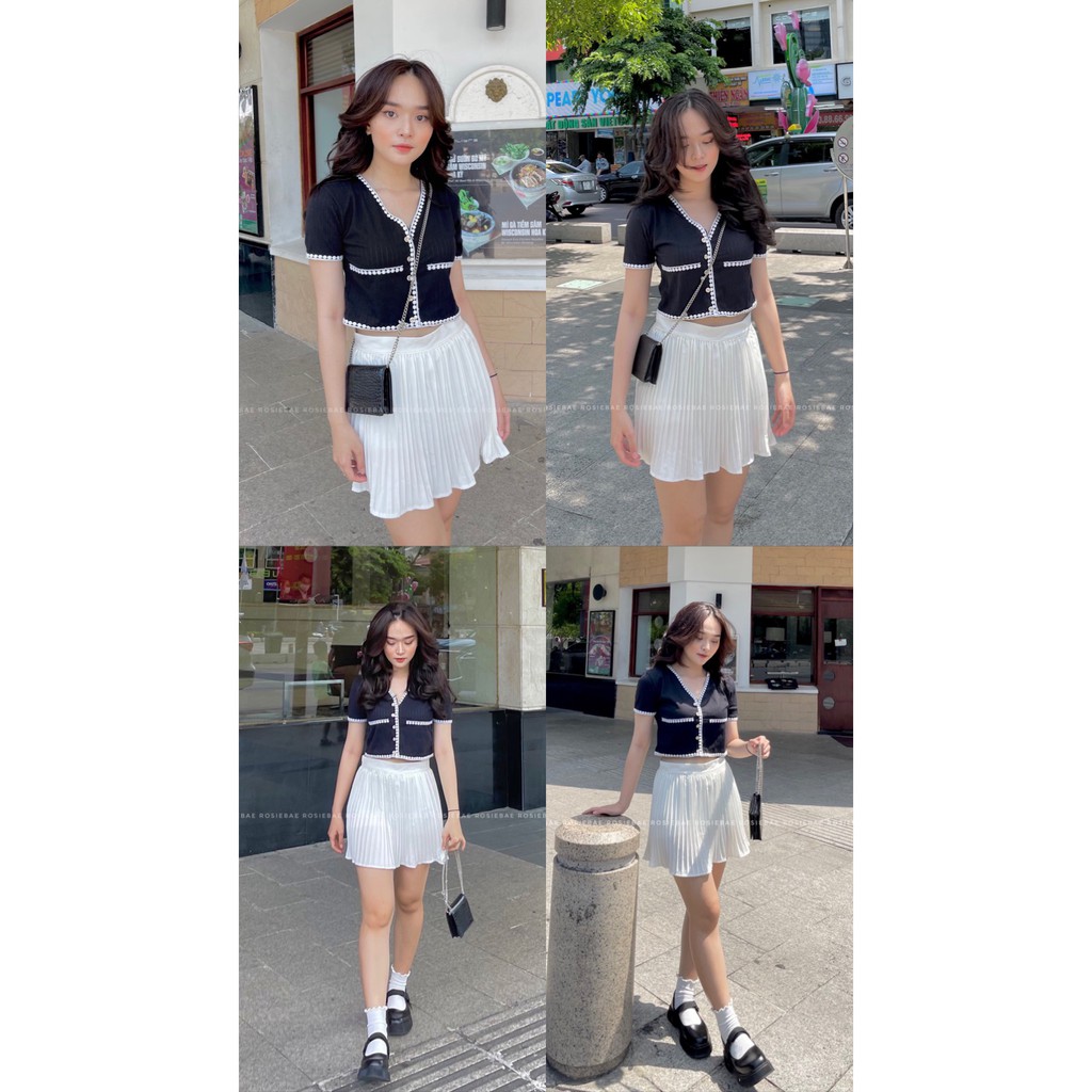 Chân Váy xếp ly Tennis vải voan ngắn đen trắng, dập ly có lót cho nữ kiểu ulzzang Hàn Quốc- Rosie Bae
