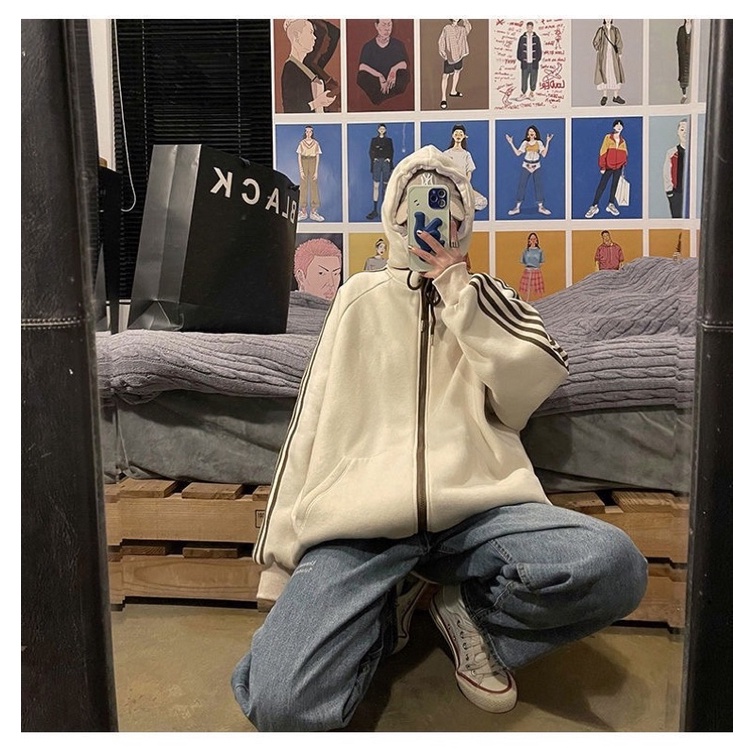 Áo khoác hoodie zip kẻ sọc form rộng mũ 2 lớp
