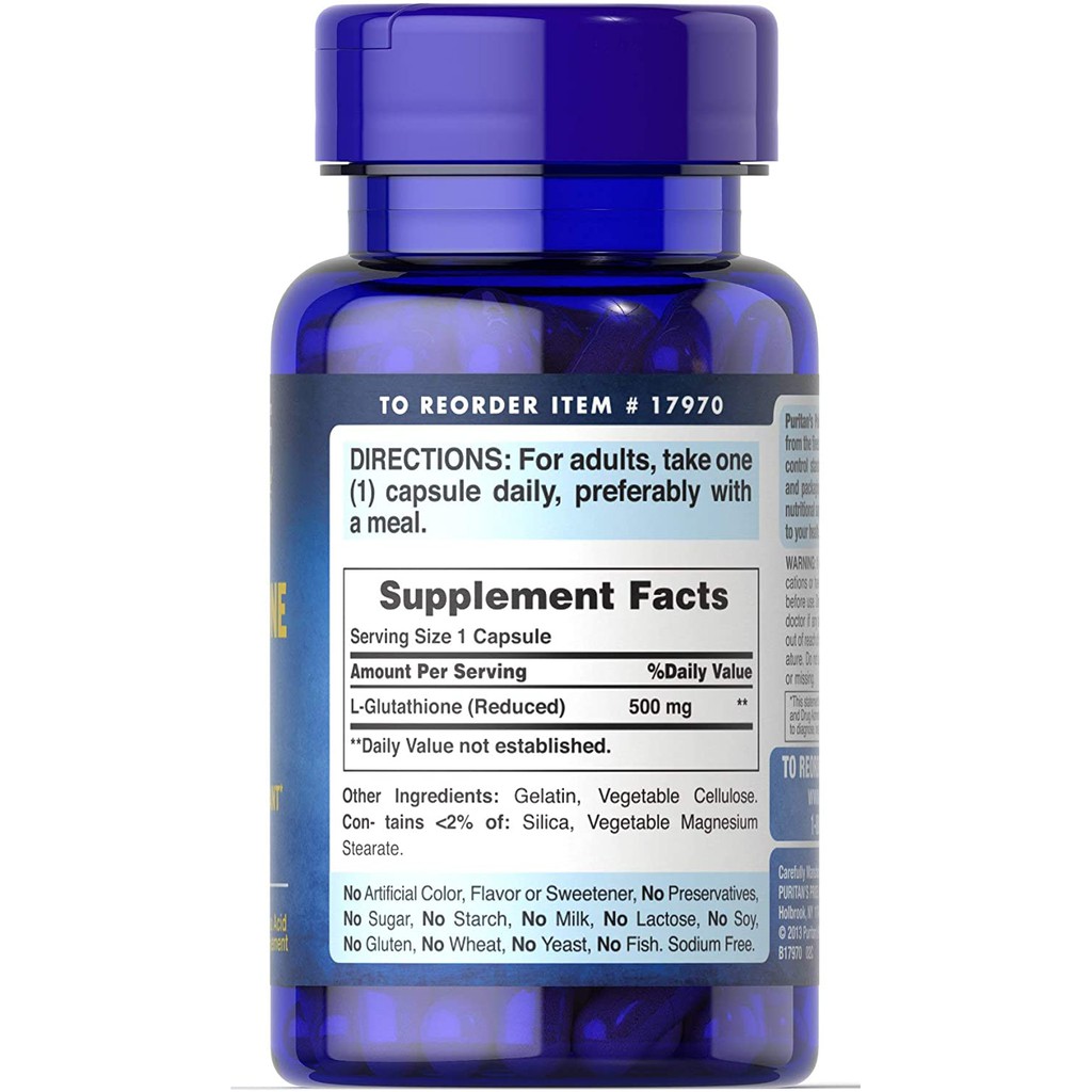 Viên Uống Làm Trắng Da, Giảm Nám, Thải Độc L- Glutathione  500mg Puritan's Pride 30viên
