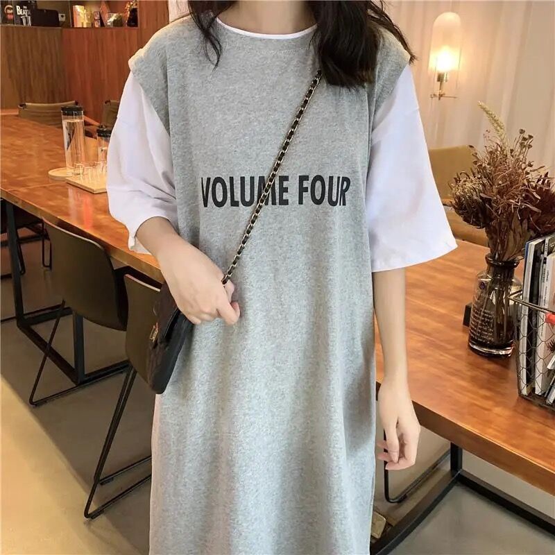 Đầm Tay Ngắn Dáng Rộng In Chữ Thời Trang Hàn Quốc