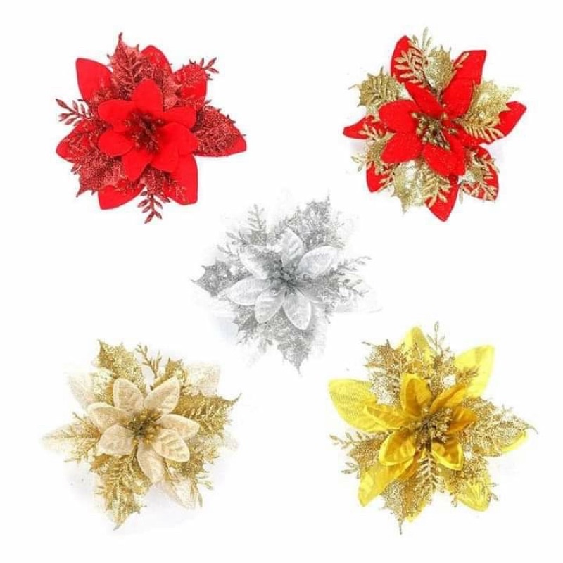 Hoa trạng nguyên vải lụa nhung size 14cm nhũ, kim tuyến trang trí vòng nguyệt quế, cây thông noel | Phụ kiện trang trí