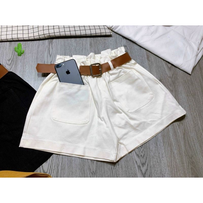 Quần đùi nữ chất kaki kiểu short ống rộng lưng cao thời trang teen kèm dây nịch