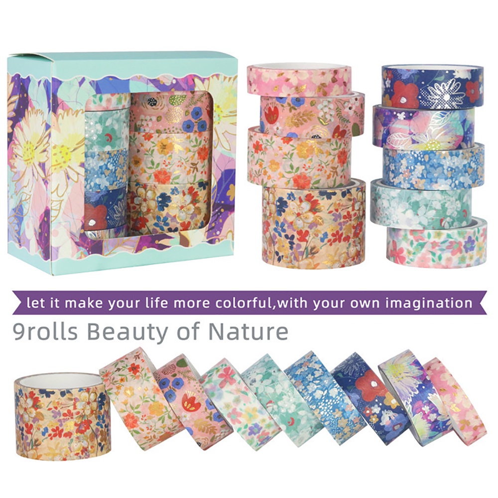 Set 9 Cuộn Băng Keo Washi Dán Trang Trí Sổ Lưu Niệm/Nhật Ký Hình Hoa Tự Nhiên