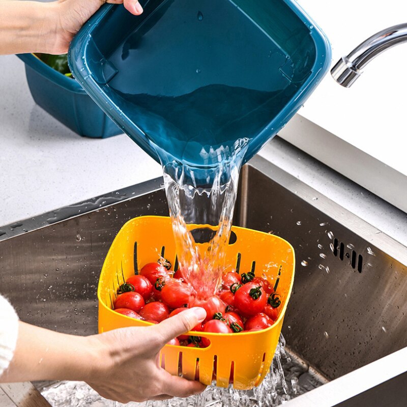 Strainer Double-layer Drain Basket with Lid Plastic Fruit Storage Basket Kitchen Refrigerator Drain Storage Box