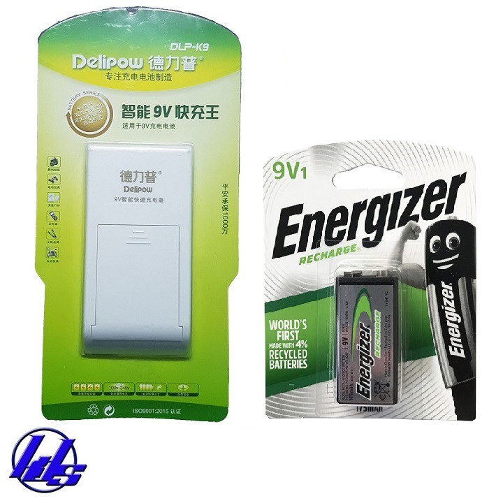 Bộ sạc pin vuông 9V Delipow kèm 1 pin sạc vuông Energizer 175mAh