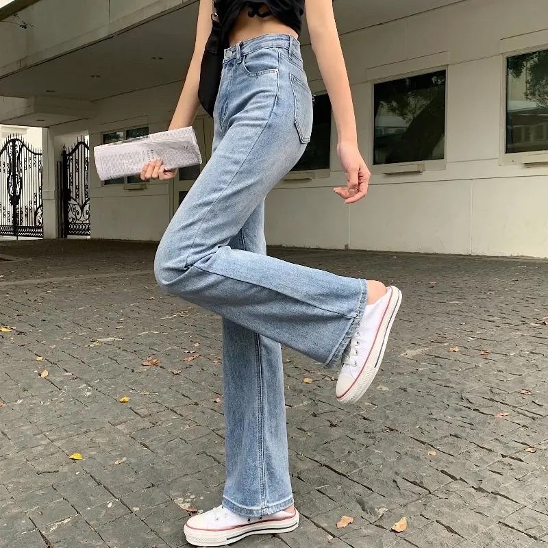 Quần Jeans Nữ Ống Loe Màu Xanh Nhạt Đậm Chất Co Dãn Có Túi Cạp Cao Cá Tính Sành Điệu Phong Cách Hàn Quốc Loại 1