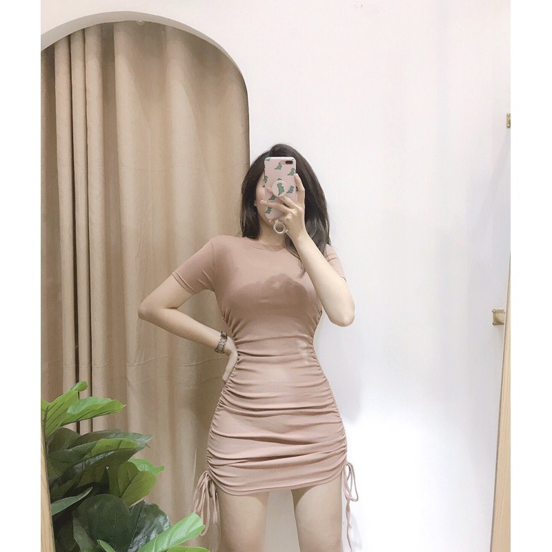 Váy body tay cộc cổ tròn dây rút sườn chát thun dày mịn [ ảnh thật tại shop ] | BigBuy360 - bigbuy360.vn