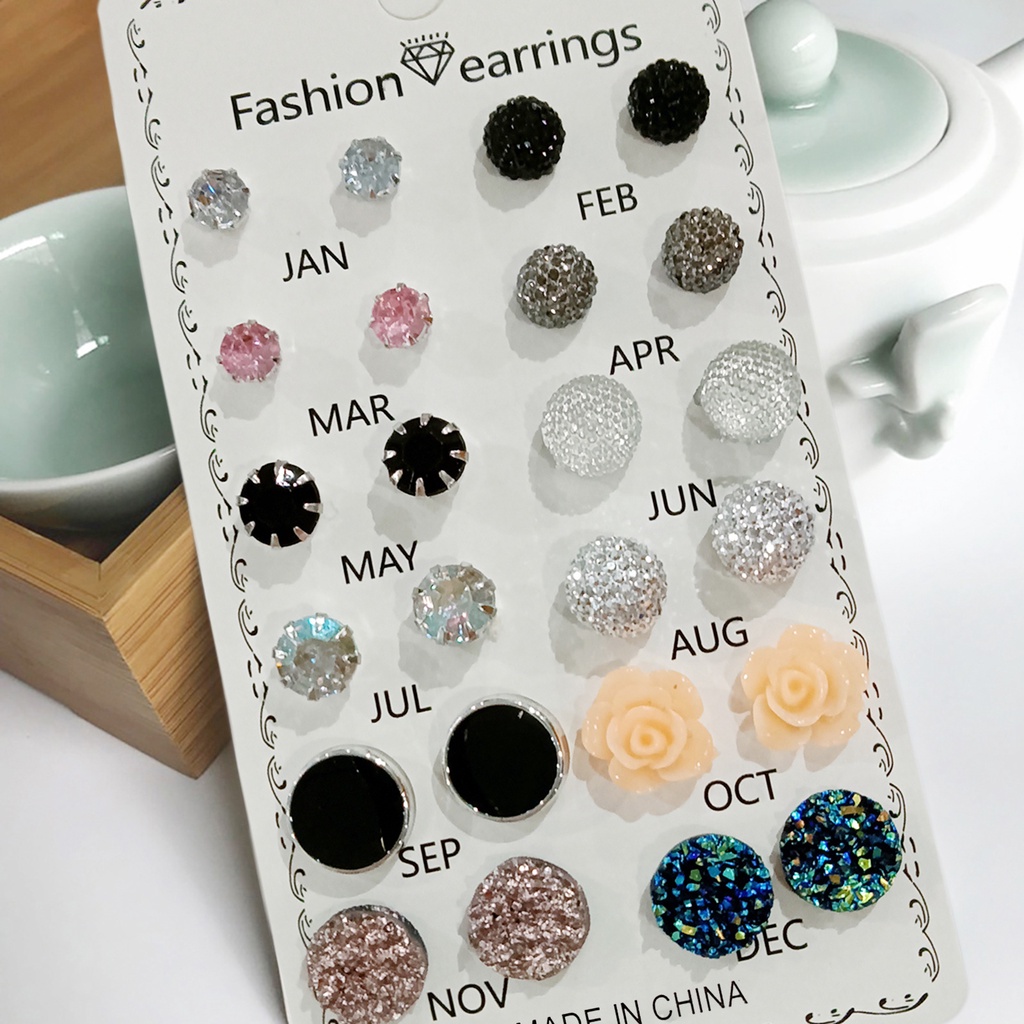 Set 12 đôi bông tai đính đá hình hoa đơn giản cho nữ