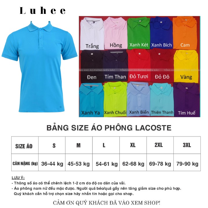 Áo phông Trơn Nam Nữ - Áo thun POLO màu XANH YA ngắn tay có cổ, Vải LACOSTE Cá sấu 4 chiều CAO CẤP, IN ẤN theo yêu cầu