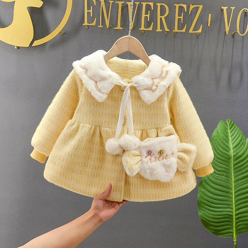 áo khoác len lông ấm áp bé gái size 9-20kg họa tiết cổ thêu tặng kèm túi đeo xinh xắn AK40