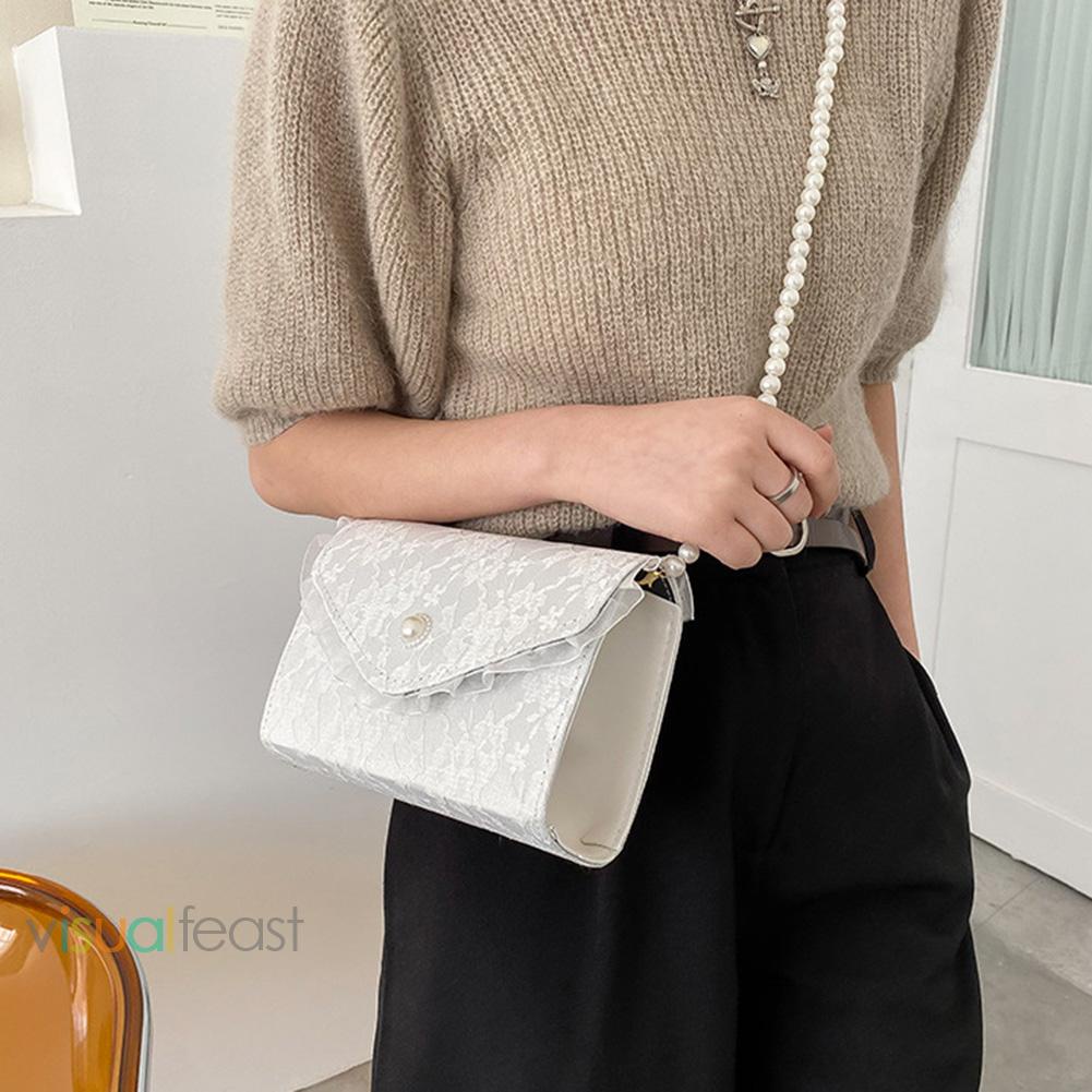 ❤Sthouse~túi Xách Đeo Vai Cỡ Nhỏ Phối Ren Ngọc Trai Thanh Lịch Dành Cho Nữ (Màu Trắng)