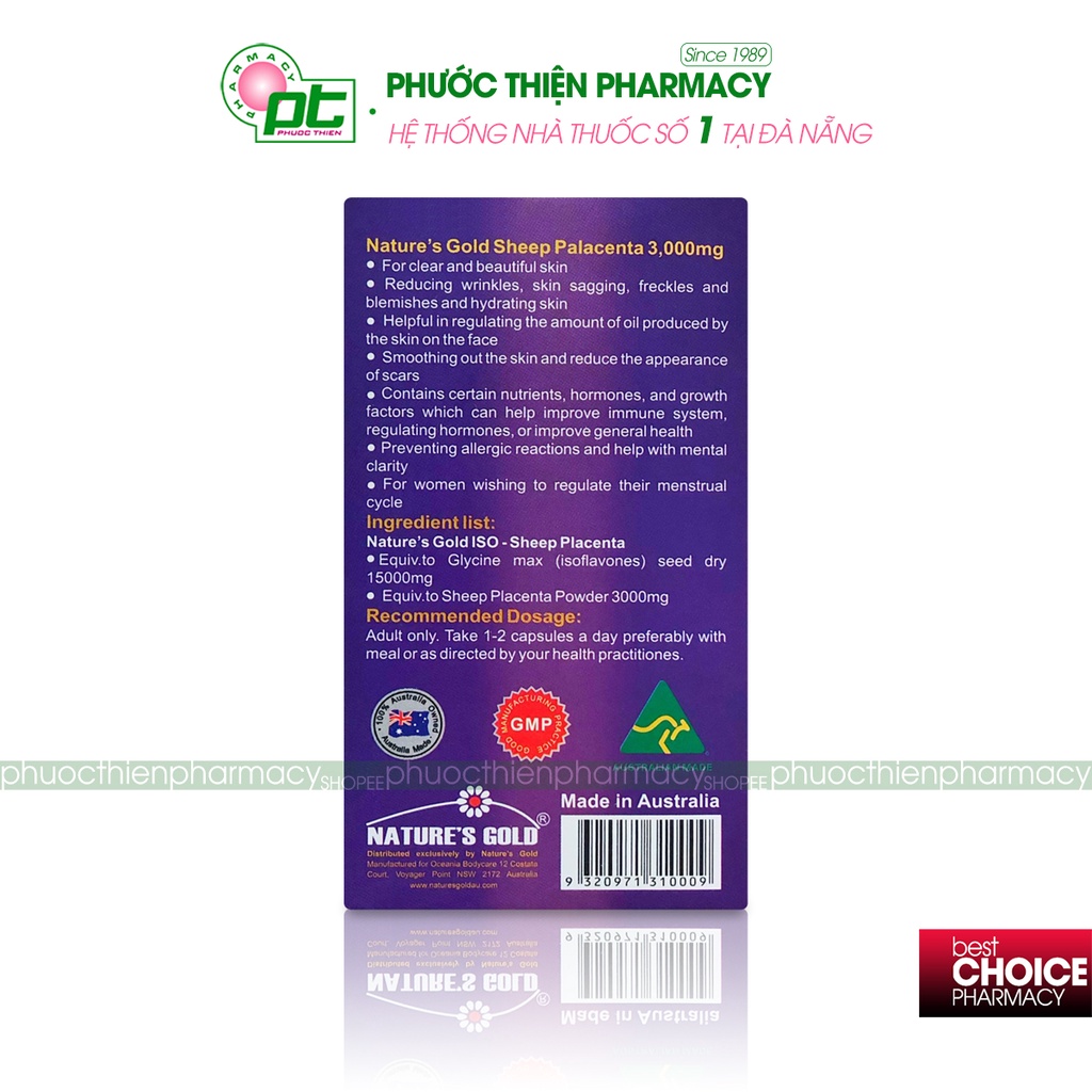 Viên uống nhau thai cừu cân bằng nội tiết tố nữ, đẹp da ISO SHEEP PLACENTA Nature's Gold mờ thâm nám, tàn nhang
