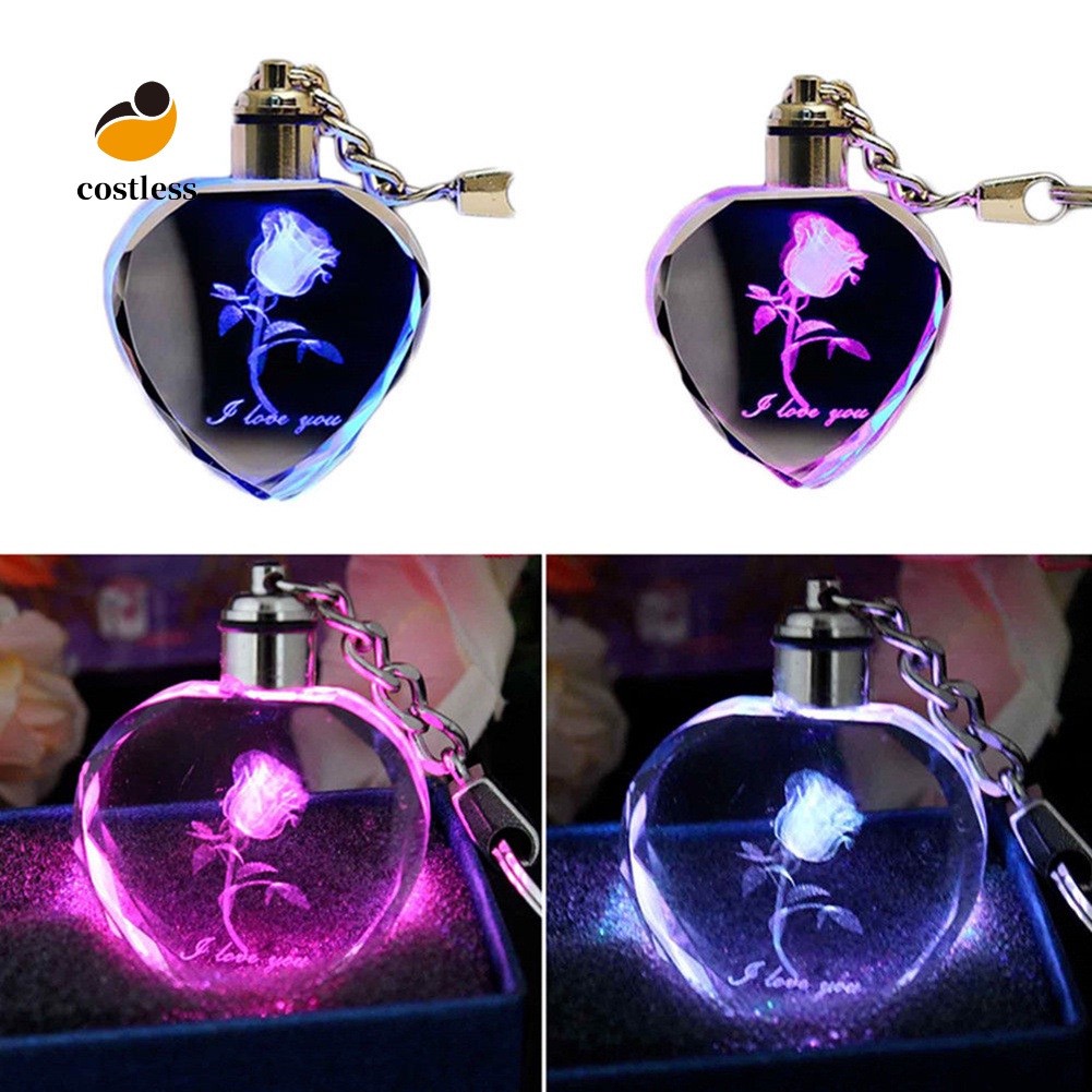 Móc khóa hình trái tim và hình hoa hồng bên trong có đèn led đổi màu độc đáo cho cặp đôi