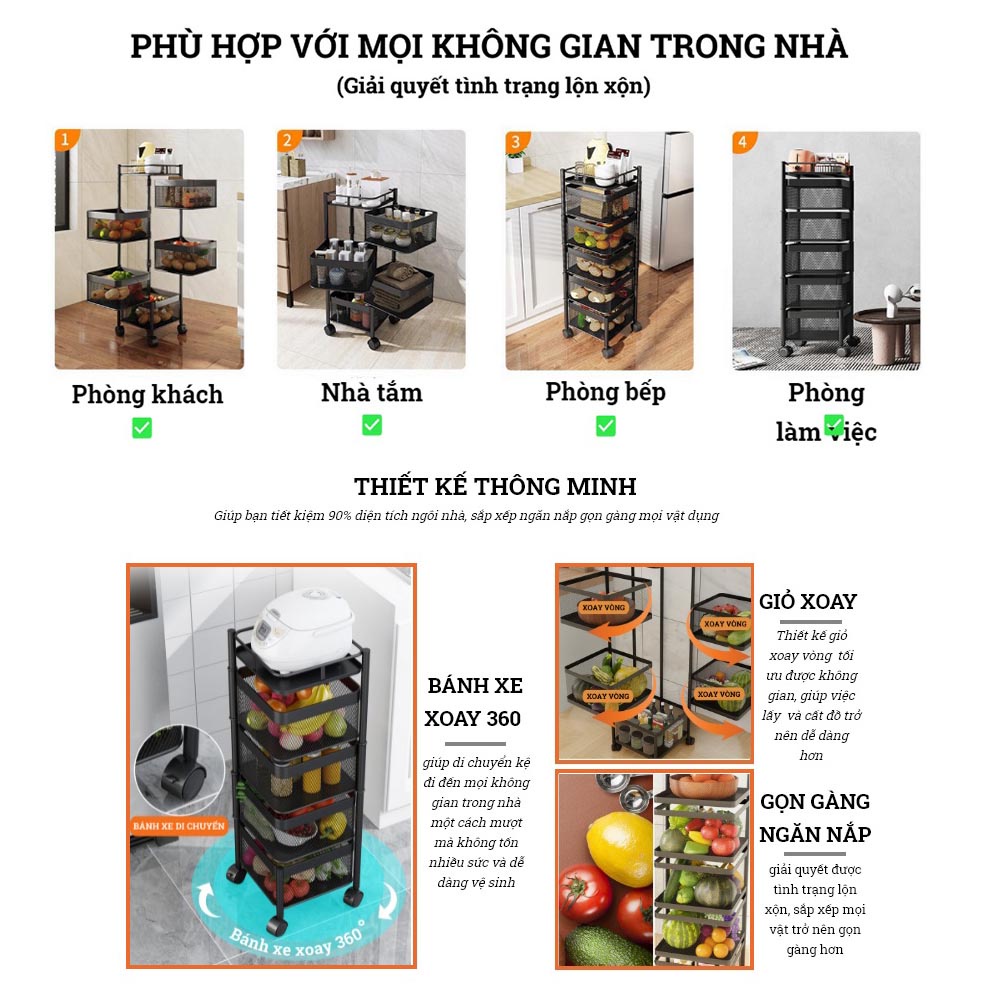 Kệ rổ xoay vuông 4 tầng đa năng Kalpen có bánh xe xoay 360 độ xuất Nhật - RHQV4K80