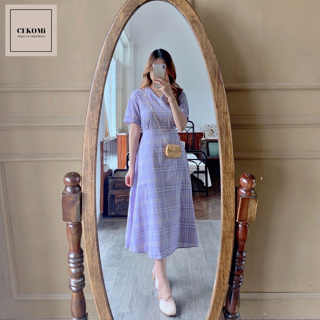Đầm Nữ - Váy Nữ Dáng Suông Cổ V Chất Kate Mềm Họa Tiết Caro