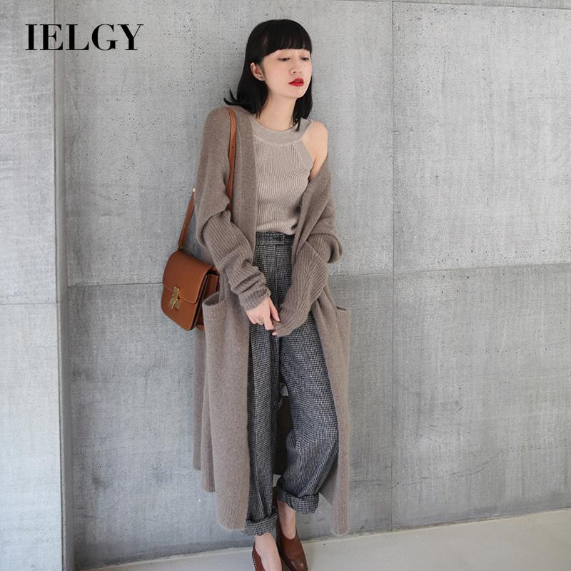 Áo khoác cardigan IELGY dệt kim dáng dài màu đen/ kaki phong cách Hàn Quốc