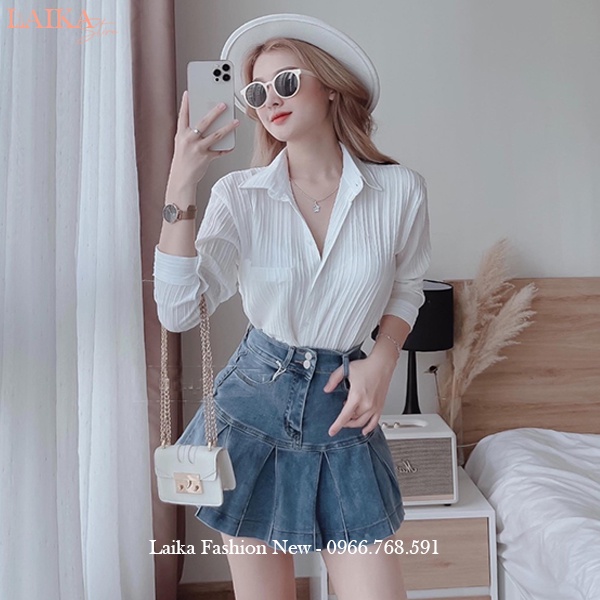 Áo sơ mi nữ kiểu form rộng tay dài đi học làm công sở hẹn hò phong cách Hàn Quốc Vintage vải xốp gân trơn cao cấp mềm