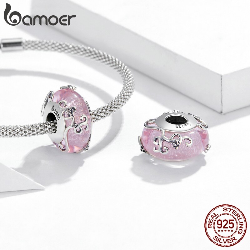 Hạt Xỏ Bamoer Bsc409 Bạc Thật 925 Thủy Tinh Hồng Sáng Bóng Chất Lượng Cao Làm Vòng Tay Trang Sức Thủ Công Cho Nữ