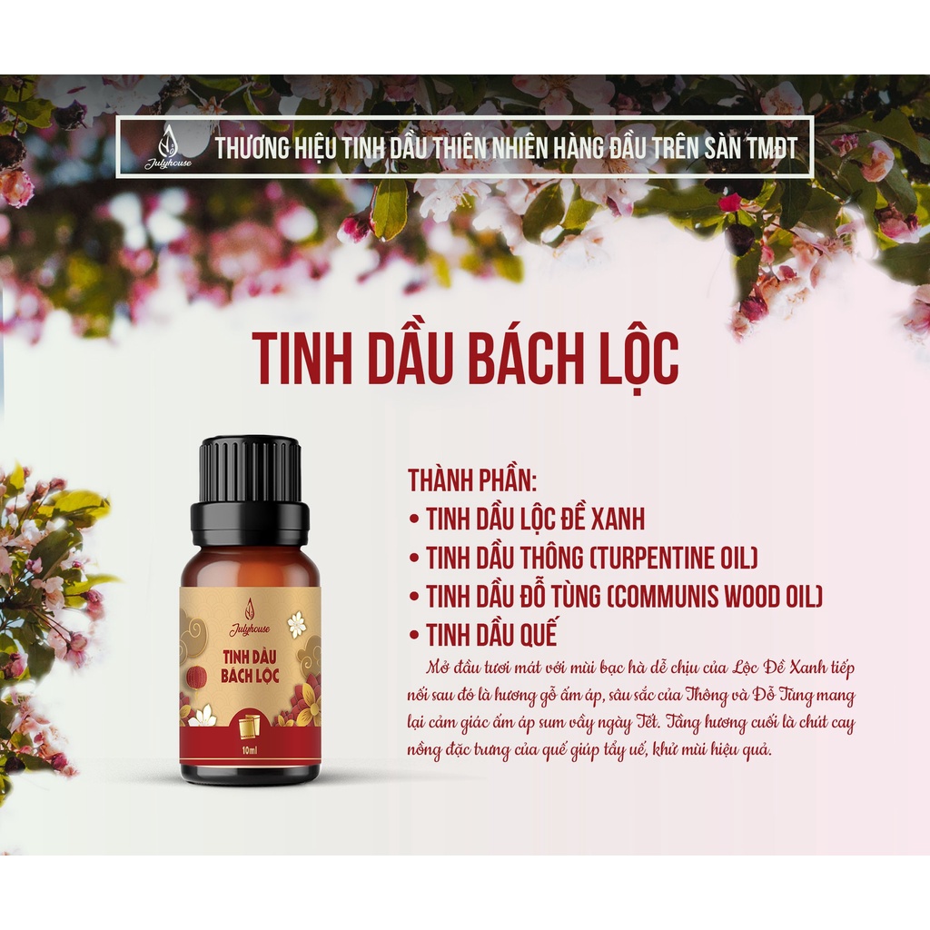 Tinh dầu Bách Lộc 10ml JULYHOUSE hương vị Tết kết hợp tinh dầu Lộc Đề Xanh, Thông, Đỗ Tùng và Quế