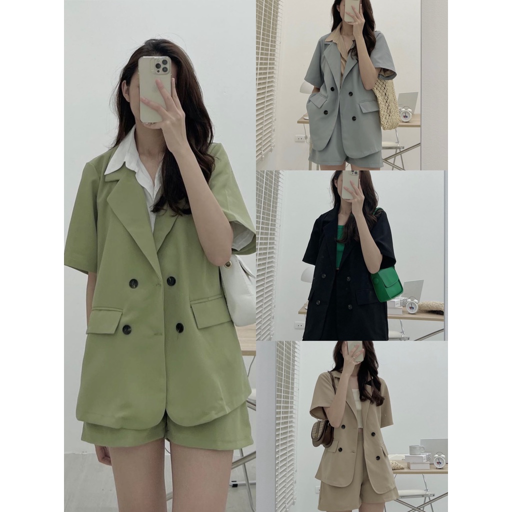 Set áo vest trơn basic cộc tay kèm quần short Dáng Rộng,set áo blazer kèm quần