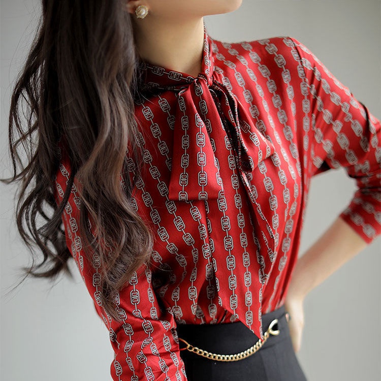 Áo Sơ Mi Đỏ Dài Tay📣📣Áo Sơ Mi Cổ Ruy Băng Phong Cách Hàn Quốc Thời Trang Xuân Thu Cho Nữ