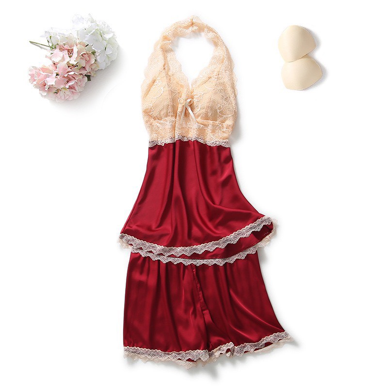 Đồ Ngủ 2 Dây Quần Cộc Ren Xẻ Mặc Nhà Lụa Satin Cao Cấp AMK.10040