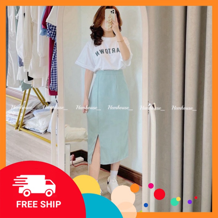 SET ÁO THUN CHỮ EARTOWN MIX CHÂN VÁY XANH DÀI XẺ - Sỉ Ngọc Tâm