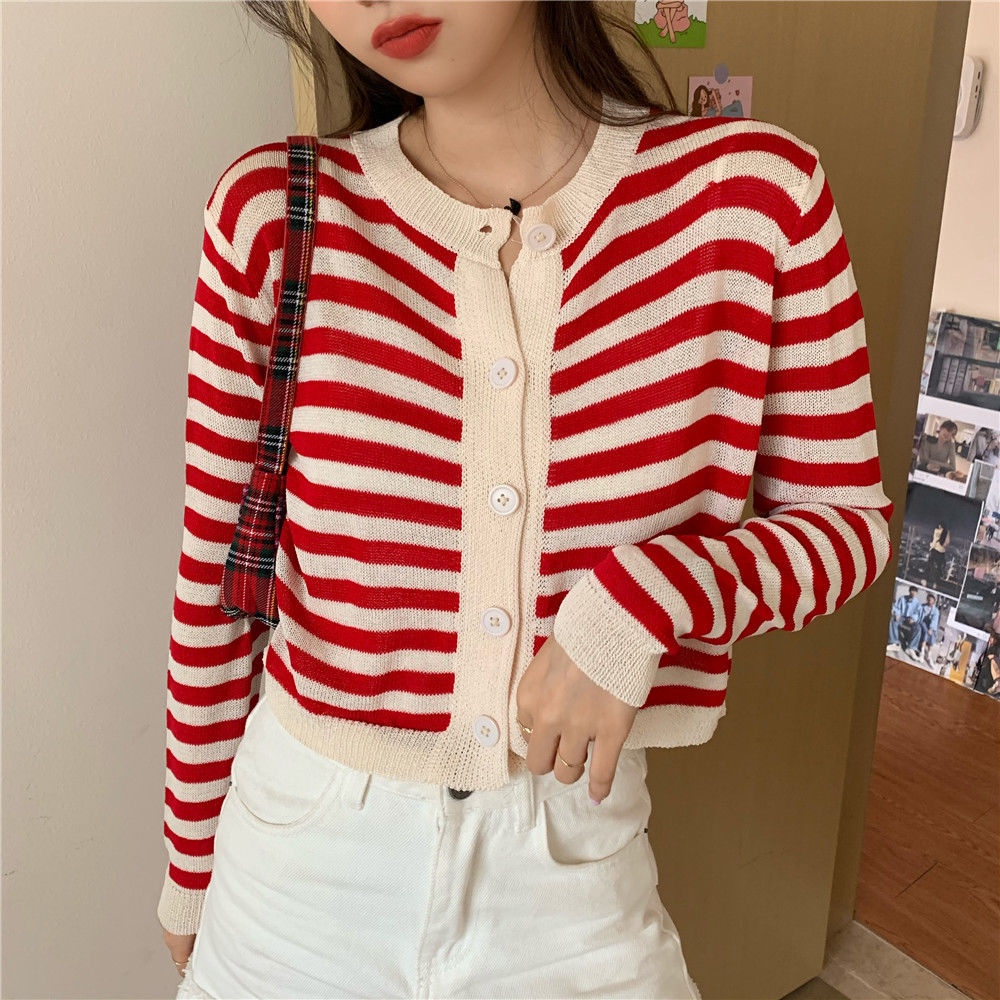 Áo Cardigan cổ tròn dáng rộng kẻ sọc xinh xắn theo phong cách hàn quốc