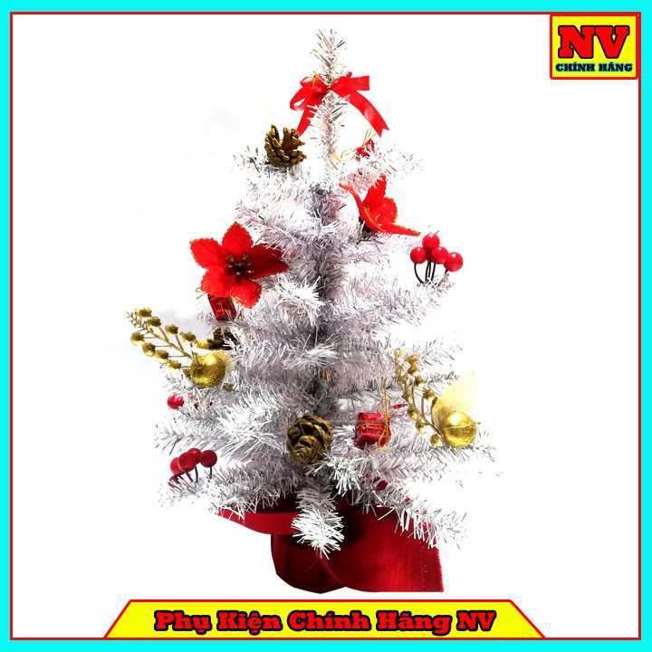 Cây Thông Noel Để Bàn 51Cm Màu Trắng Đế Nhựa Bọc Vải Đỏ