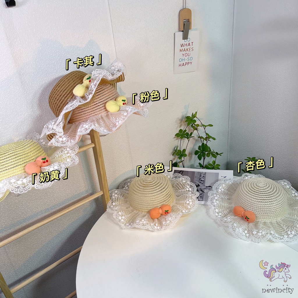 Nón Cói Vành Rộng Phối Ren Thoáng Khí Đính Nơ Họa Tiết Quả Cherry Phong Cách Hàn Quốc Cho Bé Gái