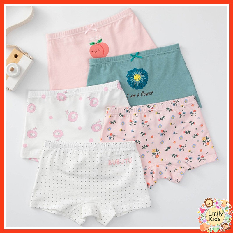 Bộ 5 Quần Lót Boxer Cotton Thoáng Khí In Họa Tiết Quả Đào Hoạt Hình Cho Bé Gái 3-12 Tuổi