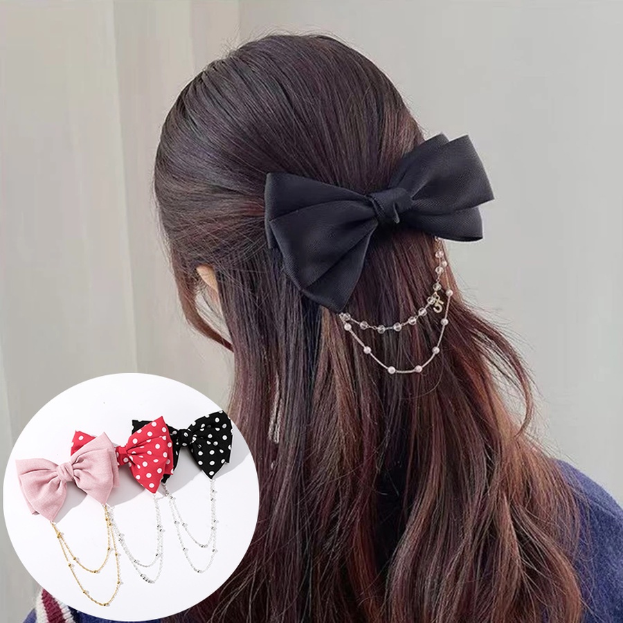 Kẹp tóc hình nơ phối chuỗi ngọc trai phong cách thanh lịch cho nữ