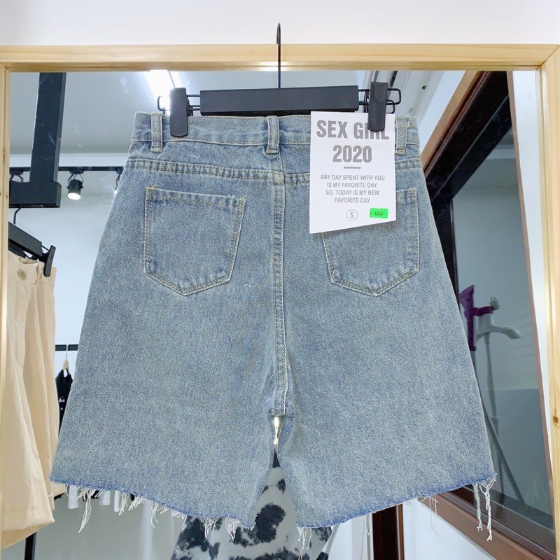 Quần short jeans rách unisex HOMIES phối tua rua gấu