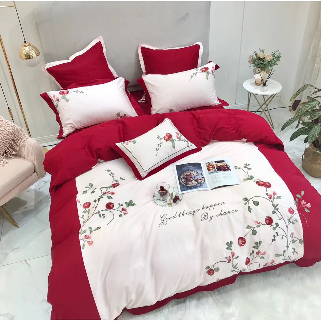 Drap bọc chăn ga lụa cao cấp, thêu Lựu đỏ sung túc và sang trọng