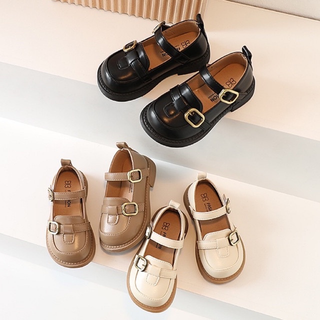 Giày búp bê bé gái kiểu dáng vintage hai khoá đế dẻo chống trơn trượt