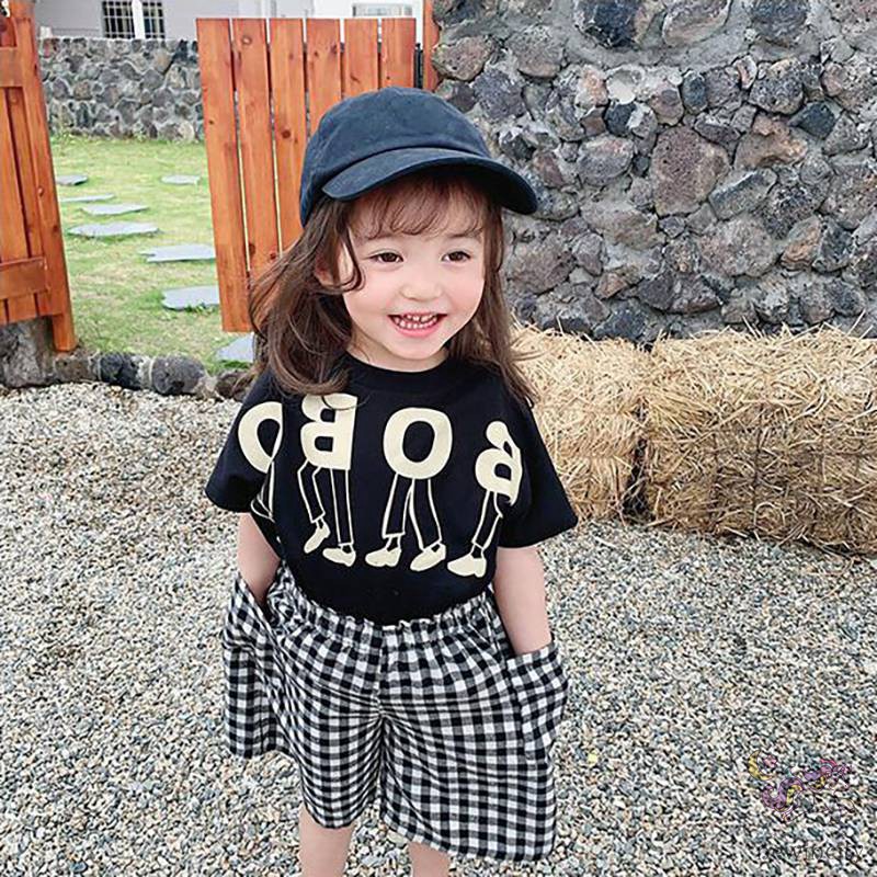 Set Áo Thun Tay Ngắn &amp; Quần Short Caro Cho Bé Gái