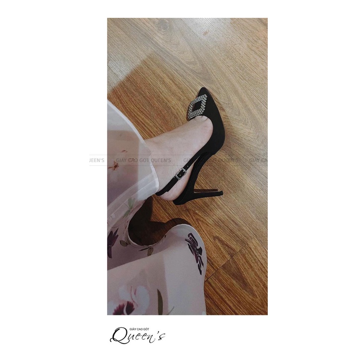 Giày Cao Gót Sandal Màu Đen Da Lộn Đính Đá Hoa, Giày Slingback Cao Gót Mũi Nhọn Quai Sau Sang Trọng Cao ấp 9-11 Phân