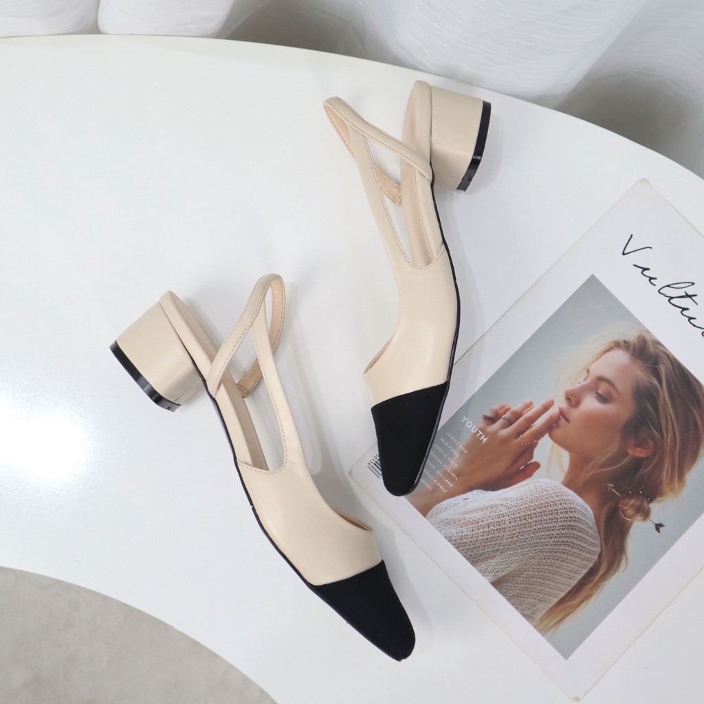Giày Sandal Nữ Cillie Slingback Mũi Vuông Phối Nỉ Gót Vuông Cao 5p 1114