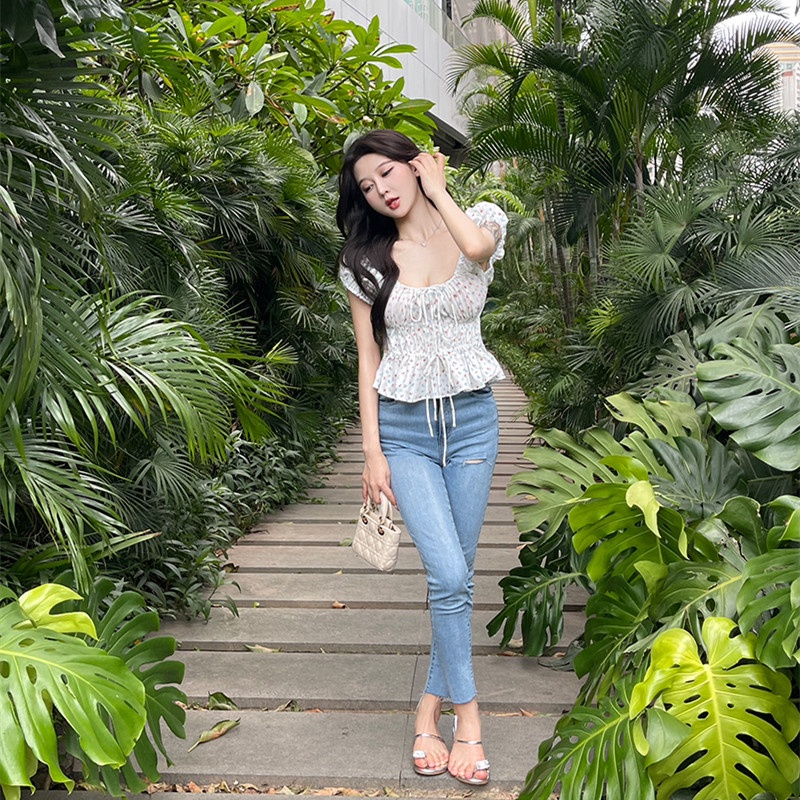 Áo Sơ Mi Tay Ngắn Cổ Vuông In Họa Tiết Hoa Thời Trang Mùa Hè Xinh Xắn Cho Nữ