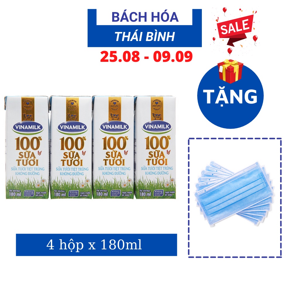 Lốc 4 Hộp 180ml Sữa Tươi Tiệt Trùng 100% Không Đường Vinamilk