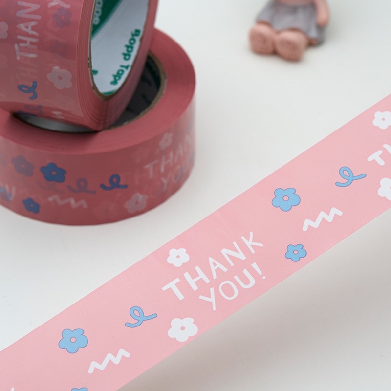[HÀNG CÓ SẴN]Băng keo dính gói hàng hoạt tiết chữ THANK YOU hồng siêu cute