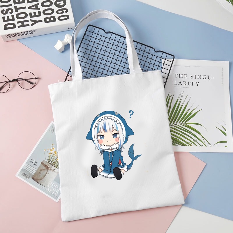 Túi tote vải trắng đeo vai in hình GAWR GURA Hololive Vtuber phong cách anime chibi tiện lợi thời trang