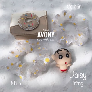 Scrunchies vải lưới in hoa cúc trắng