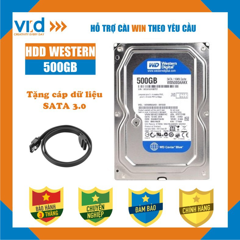 Ổ cứng HDD 500GB Western Blue - Tặng cáp sata 3.0 - Hàng nhập khẩu tháo máy đồng bộ mới 98% - Bảo hành 3T