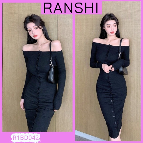 Váy Body Trễ Vai Dài Tay RANSHI Đầm BODY Dáng Dài Phối Cúc Sang Chảnh Thích Hợp Đi Chơi Đi Làm - RBD042