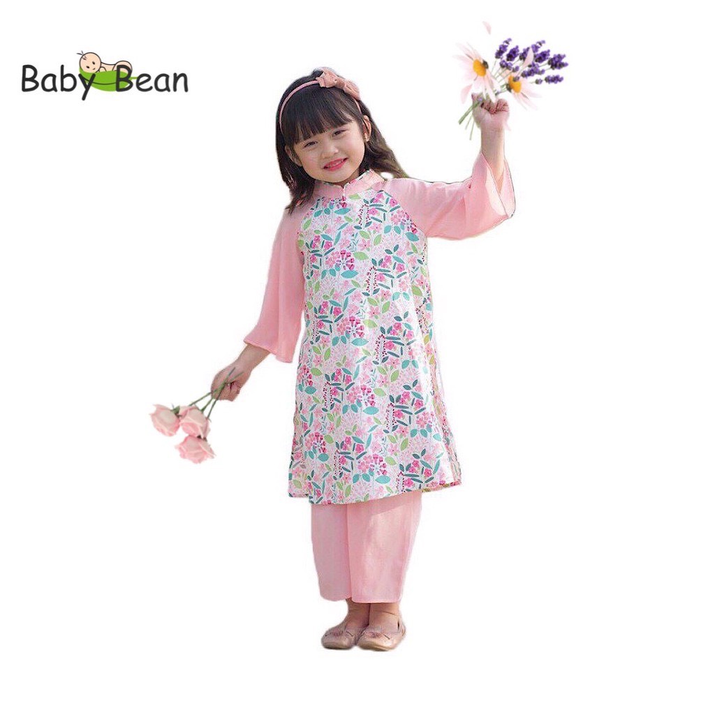 [Mã LT50 giảm 50k đơn 250k] Bộ Áo Dài Truyền Thống vải Chiffon Hoa Xác Pháo Bé Gái BabyBean