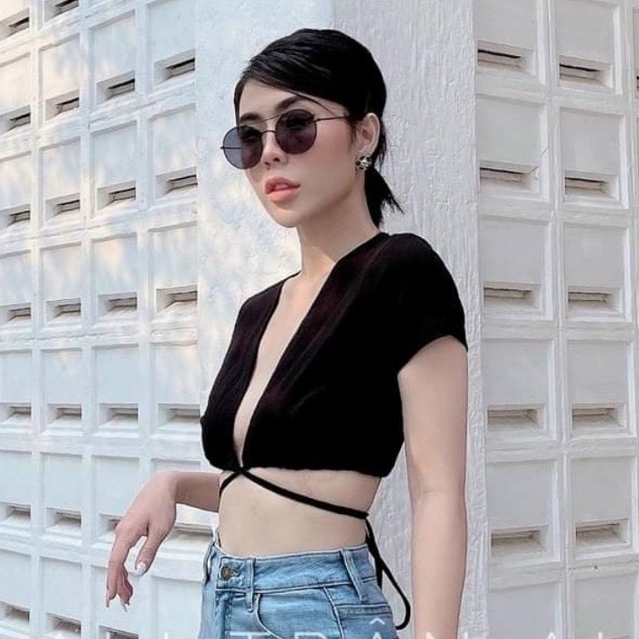 Áo croptop đan dây eo khoét thân mặc 2 Kiểu cổ v hoặc hở lưng Tay Ngắn A90- 103 -2M FIORI STORE